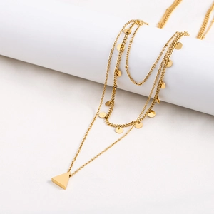 Three-layer gold-plated titanium steel necklace with disc charms and triangle pendant