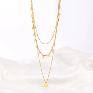 Three-layer gold titanium steel necklace with geometric triangle and disc pendant detail