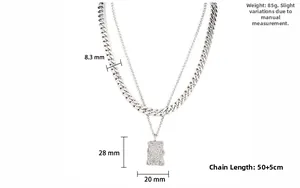 Detailed size chart showing silver double layer Cuban chain with rectangle pendant dimensions