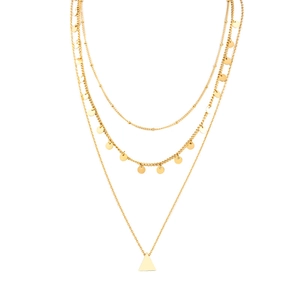 Three-layer gold-plated titanium steel necklace with circular sequins and triangle pendant
