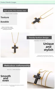 Detail of 316L stainless steel cross pendant with black inlay and golden engraved borders