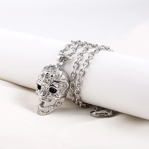 Collier Pendentif Crâne Punk Gothique en Acier Inoxydable Bijoux Rock Hommes Vintage Argent Strass Noir Oeil Longue Chaîne