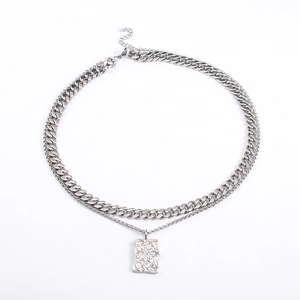 Hip Hop Double Layer Titanium Steel Necklace With Rectangular Lava Texture Pendant Silver Punk Cuban Chain Jewelry For Unisex Daily Party