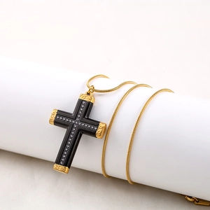 Hip Hop Stainless Steel Cross Pendant Necklace For Men Gold Black Plated Rhinestone Inlaid Religious Fashion Jewelry Gift