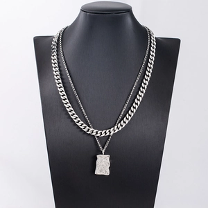Double-layered silver titanium steel Cuban chain necklace with geometric pendant for men and women