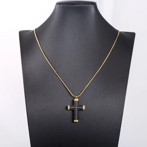 Hip hop style gold plated stainless steel cross necklace with black stones and crystals