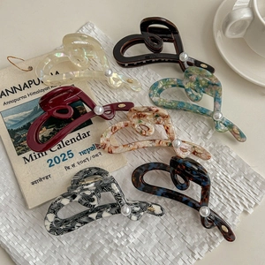 Elegant Heart Shaped Acetate Hair Claw Clips With Faux Artificial Pearl Vintage Marble Pattern Iridescent Large Shark Clips For Women Hair Accessories