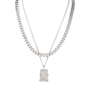 Silver double layer necklace with thick curb chain and abstract textured lava pendant