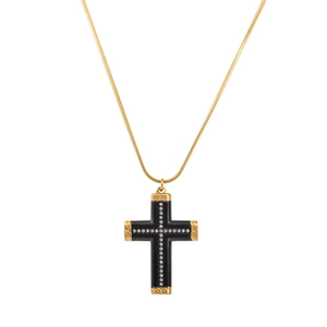 Hip-hop gold-plated snake chain necklace with black diamond-encrusted cross pendant