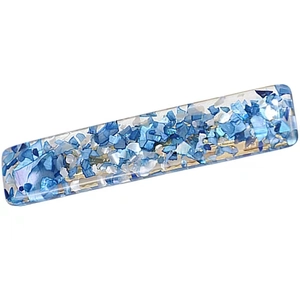 Kawaii blue cherry blossom pattern resin hair clip with gold metal base on white background