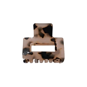 Square acetate hair claw clip with brown leopard tortoise pattern on white background