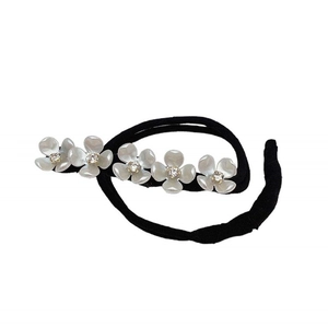Elegant floral hair bun maker with black elastic rope and white resin flower petals