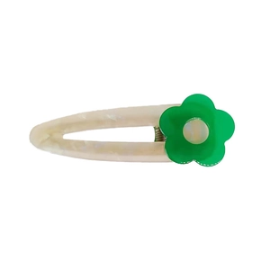 Barrette à cheveux fleur en acétate avec motif marbré et décor floral vert sur blanc