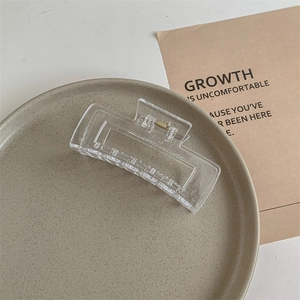 Close-up of a minimalist transparent rectangular hair claw clip with visible metal spring