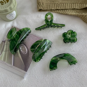 Deep green marbled acetate hair claw clip set for women with handmade gold lettering