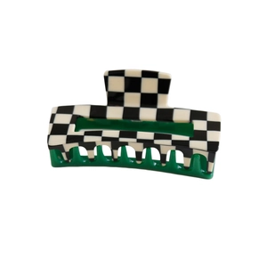Large acetate hair claw clip with black white checkered pattern and dark green base