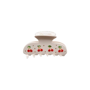 Vintage cherry rhinestone medium hair claw clip in cream white acetate material