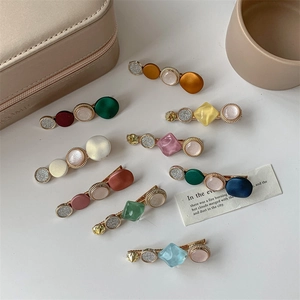 French vintage hair clip set with artificial pearls and Morandi colored resin stones