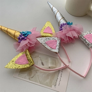Cerchietti con unicorno e orecchie di gatto glitterati con fiori in tulle rosa
