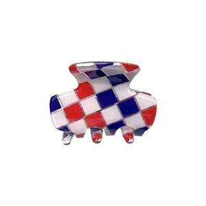 Mini checkerboard hair claw clip in red, blue, and white with a glossy enamel finish