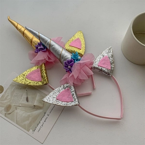 Set di cerchietti per capelli unicorno con corno glitter e fiori in rete per bambine