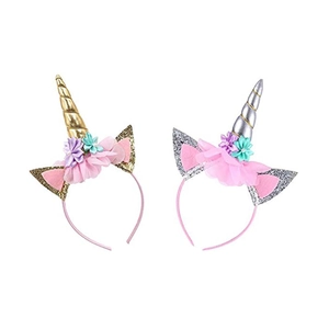 Set di cerchietti unicorno con corni glitter oro e argento e fiori in tulle rosa