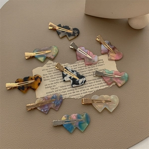 Korean Acetate Double Heart Seamless Duckbill Hair Clip For Women Marble Pattern Iridescent Tortoiseshell Bangs Hairpin Accessory