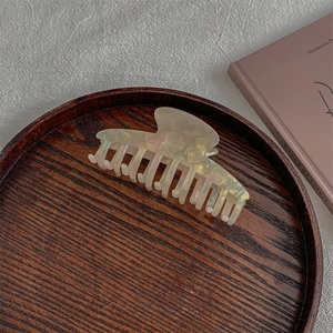 Macro detail of elegant pearlescent claw clip on a dark wood tray with French books