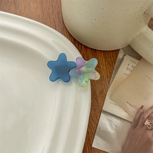 Close-up of dark blue and purple mosaic acetate star hair clips on white ceramic plate