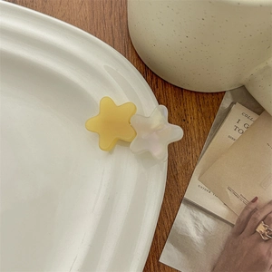 Close-up of matte ginger and pearlescent white star hair clips on a ceramic plate edge