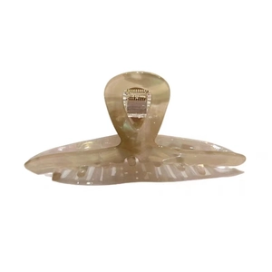 Elegant beige acetate hair claw clip with marble texture and gold spring on white background