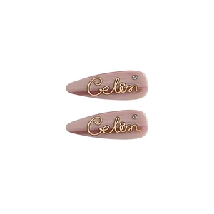 French style dusky pink marble resin hair clip set with golden lettering and rhinestone