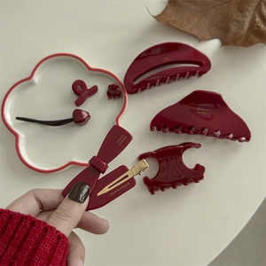Elegant wine red acetate hair claw set featuring French style and handmade resin finish