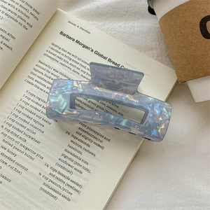 Detailed view of large pearlescent hair claw clip with shell texture on vintage books