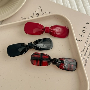 Pince à Bec de Canard Nœud en Acétate Élégante Rouge Noir Motif à Carreaux Pince Latérale Accessoires de Mode pour Femmes Coiffage