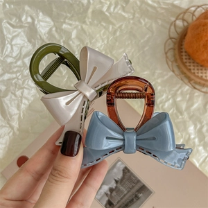French style acrylic bow hair claw clip in dark green and brown colors for women