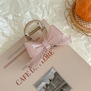 Detailed macro shot of a pink acrylic bow hair claw clip resting on a French style book