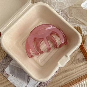 Close-up of translucent pink jelly hair claw clip with wide teeth in aesthetic setting