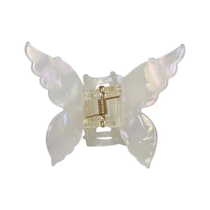 Pince à cheveux papillon blanc iridescent élégante avec ressort en métal doré pour femmes