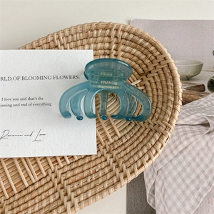 Detail of blue acetate hair claw clip showing France Handmade gold lettering