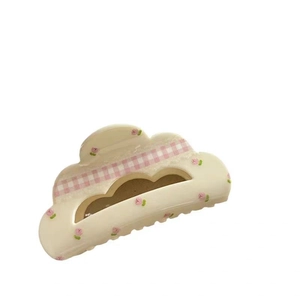 Floral and plaid patterned cream cloud hair claw clip for girls, minimalist hair accessory