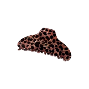 Large acetate leopard print hair claw clip in purple and black with gold logo