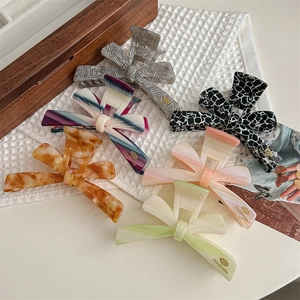 Korean Style Acetate Bow Hair Claw Clip For Women Large Sweet Elegant Marble Striped Gradient Shark Clip Hair Accessory