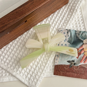 Detailed macro view of the light green gradient hair claw clip with golden YD lettering