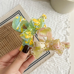 Elegant marble pattern acetate bow hair claws with vintage lace hollow edges for women