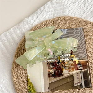 Detail of light green bow hair claw clip with pearlescent finish on a magazine