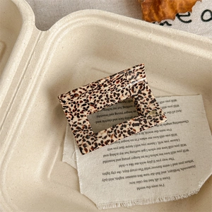 Detail view of a leopard print acetate hair claw clip on a retro autumn background