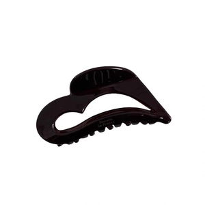 Chocolate brown acetate hair claw clip with cutout heart design and golden barrette logo