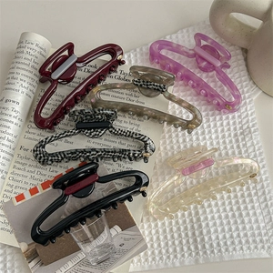 Set of 6 large hollow matte hair claws in burgundy, marble, and checkerboard patterns