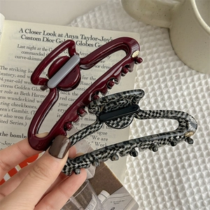 Deep red and checkered hair claws for women, hollow design for thick hair styling